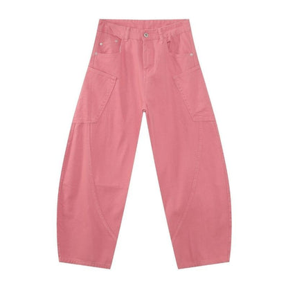 Men’s baggy wide leg straight jeans mid rise y2k loose fit denim pants in pink, flat lay front