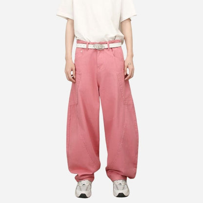 Men’s baggy wide leg straight jeans mid rise y2k loose fit denim pants in pink, front view