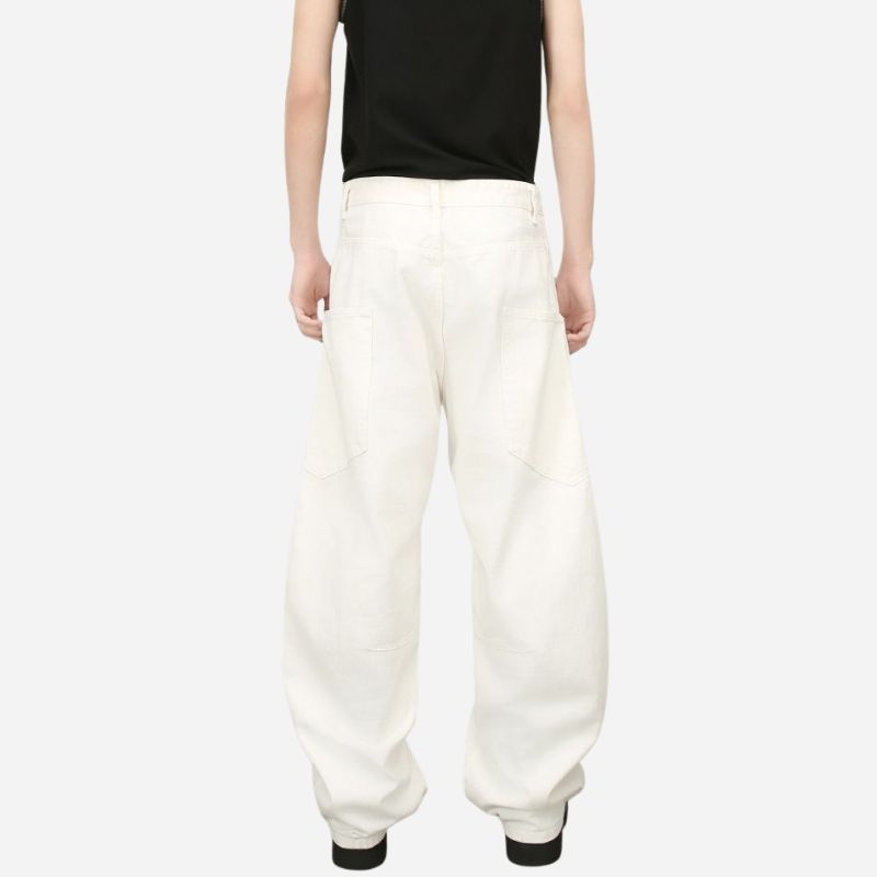 Men’s baggy wide leg straight jeans mid rise y2k loose fit denim pants in white, back view