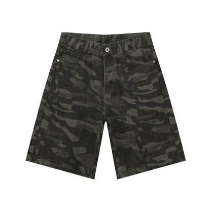 Men's camouflage cargo jeans short stretch relaxed fit denim short pants, flat lay front