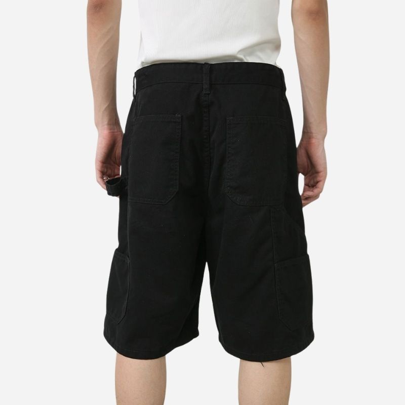 Men’s cargo jeans shorts relaxed fit wide leg carpenter short denim pants in black, back view