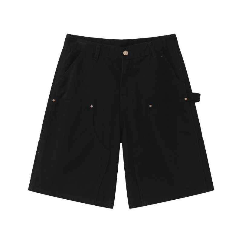 Men’s cargo jeans shorts relaxed fit wide leg carpenter short denim pants in black, flat lay front