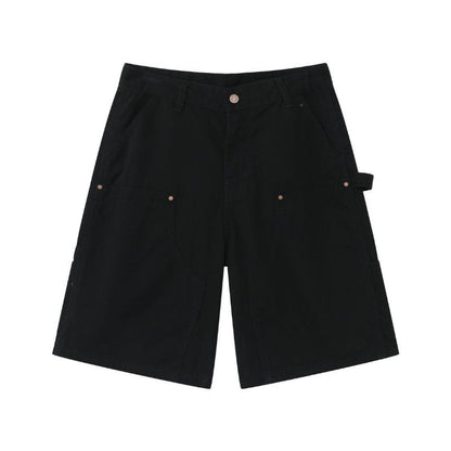 Men’s cargo jeans shorts relaxed fit wide leg carpenter short denim pants in black, flat lay front