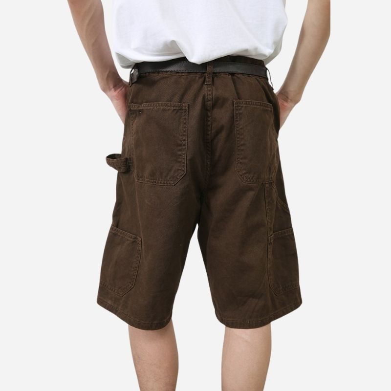 Men’s cargo jeans shorts relaxed fit wide leg carpenter short denim pants in brown, back view
