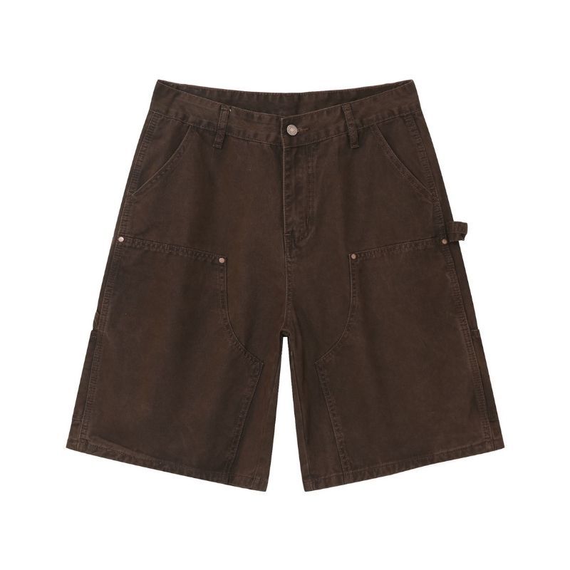 Men’s cargo jeans shorts relaxed fit wide leg carpenter short denim pants in brown, flat lay front