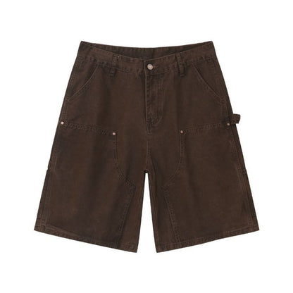 Men’s cargo jeans shorts relaxed fit wide leg carpenter short denim pants in brown, flat lay front
