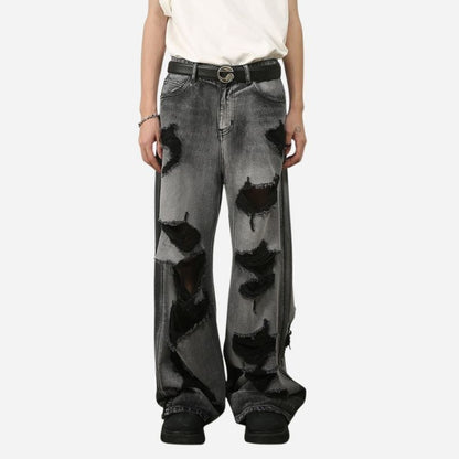 Men’s ripped baggy jeans y2k wide leg loose fit denim pants in black, front view