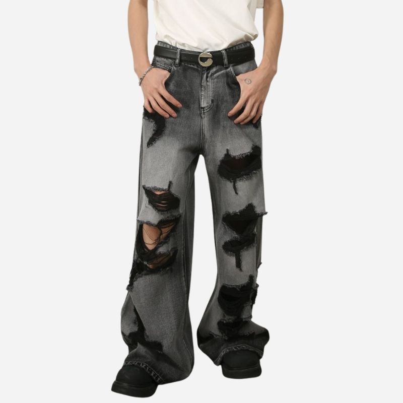 Men’s ripped baggy jeans y2k wide leg loose fit denim streetwear pants in black color, front view