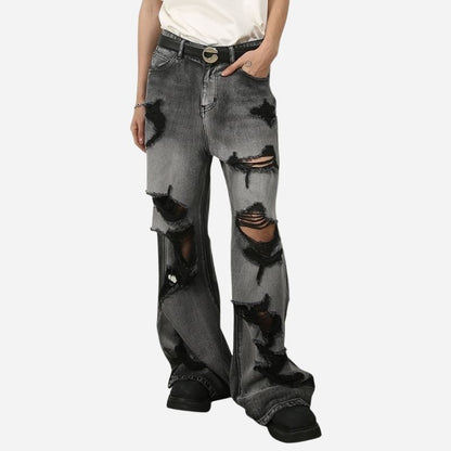 Men’s ripped baggy jeans y2k wide leg loose fit denim streetwear pants in black, front view