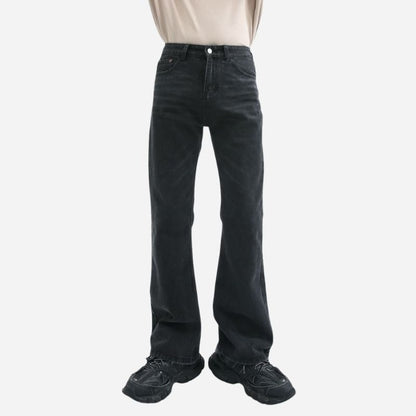 Men’s stretch straight leg jeans relaxed fit flared bell bottom denim pants in black, front view