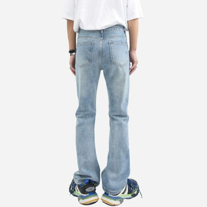 Men’s stretch straight leg jeans relaxed fit flared bell bottom denim pants in blue, back view