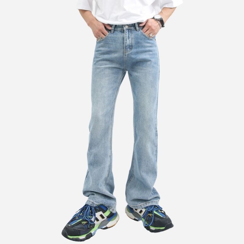 Men’s stretch straight leg jeans relaxed fit flared bell bottom denim pants in blue, front view