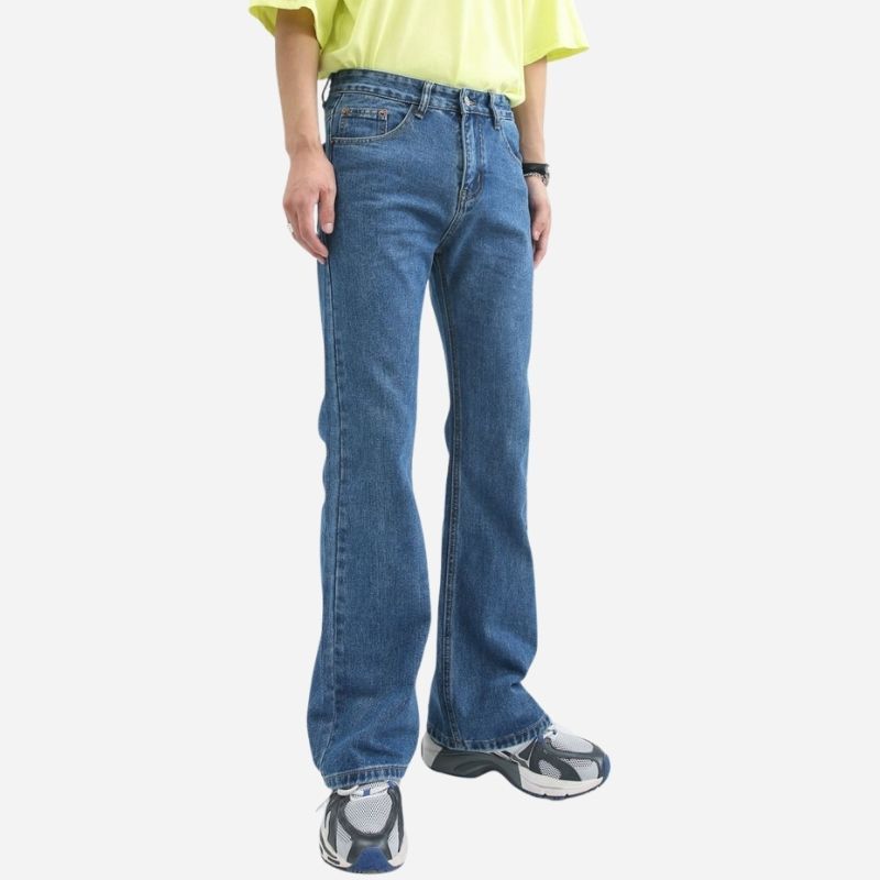 Men’s stretch straight leg jeans relaxed fit flared bell bottom denim pants in navy color, side view