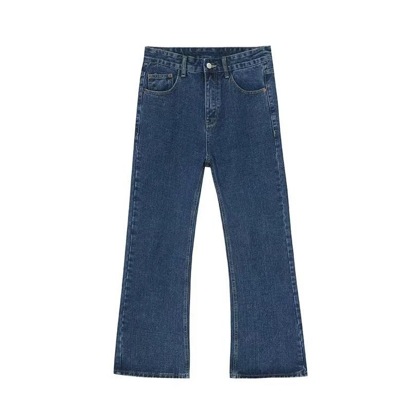 Men’s stretch straight leg jeans relaxed fit flared bell bottom denim pants in navy, flat lay front