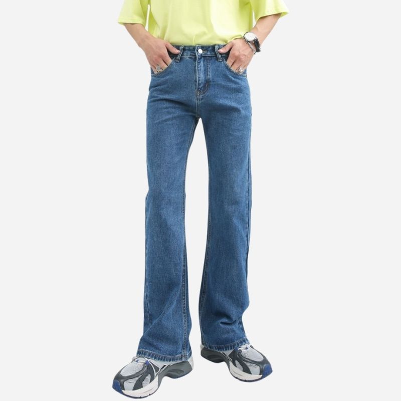 Men’s stretch straight leg jeans relaxed fit flared bell bottom denim pants in navy, front view