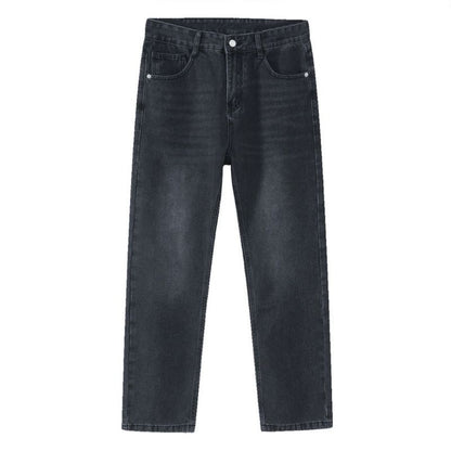 Men’s stretchy straight leg jeans in grey, flat lay front