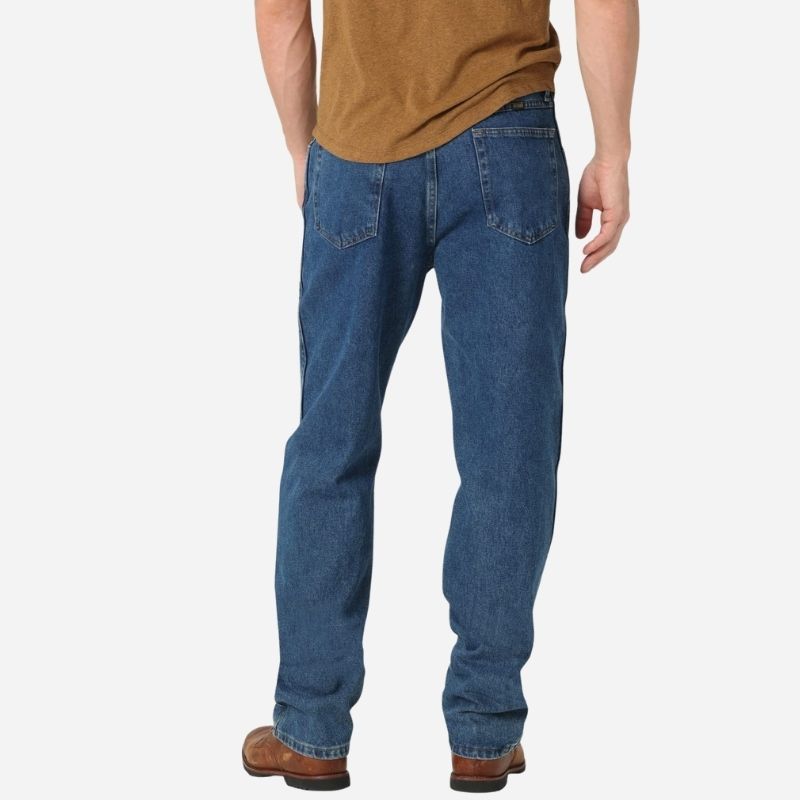 Men’s stretchy straight leg jeans in navy color, back view