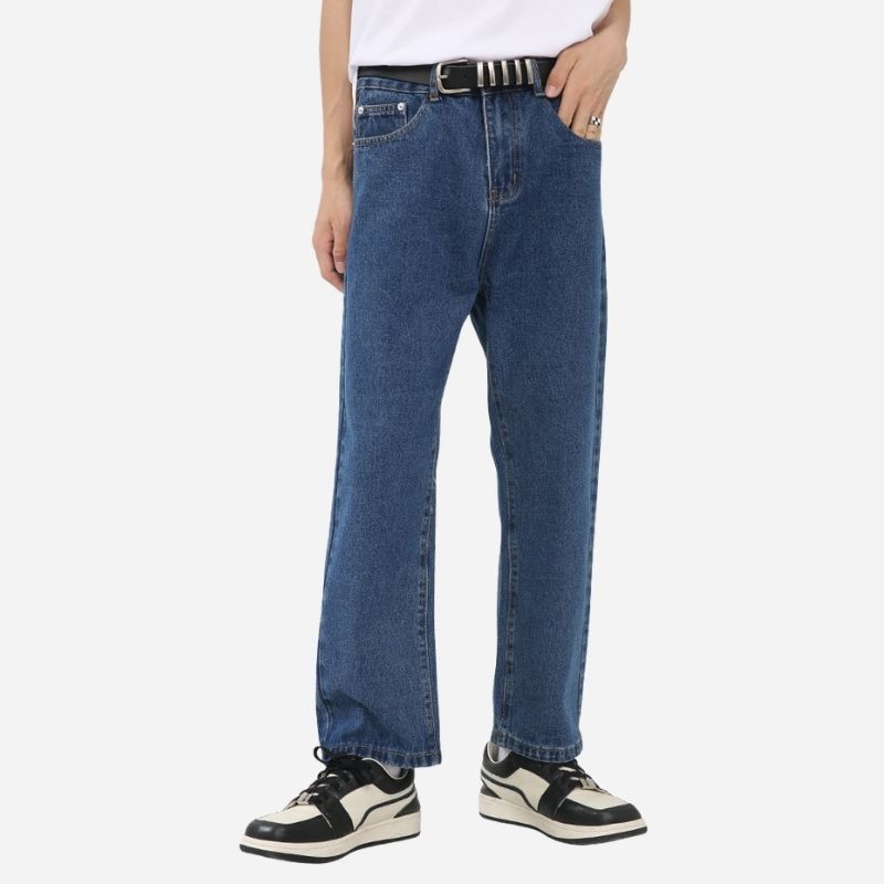 Men’s stretchy straight leg jeans in navy color, front view
