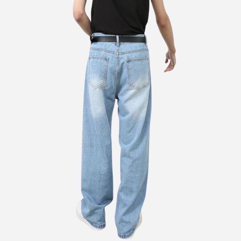 Men’s wide leg straight baggy jeans y2k streetwear hip hop loose fit denim pants in blue, back view