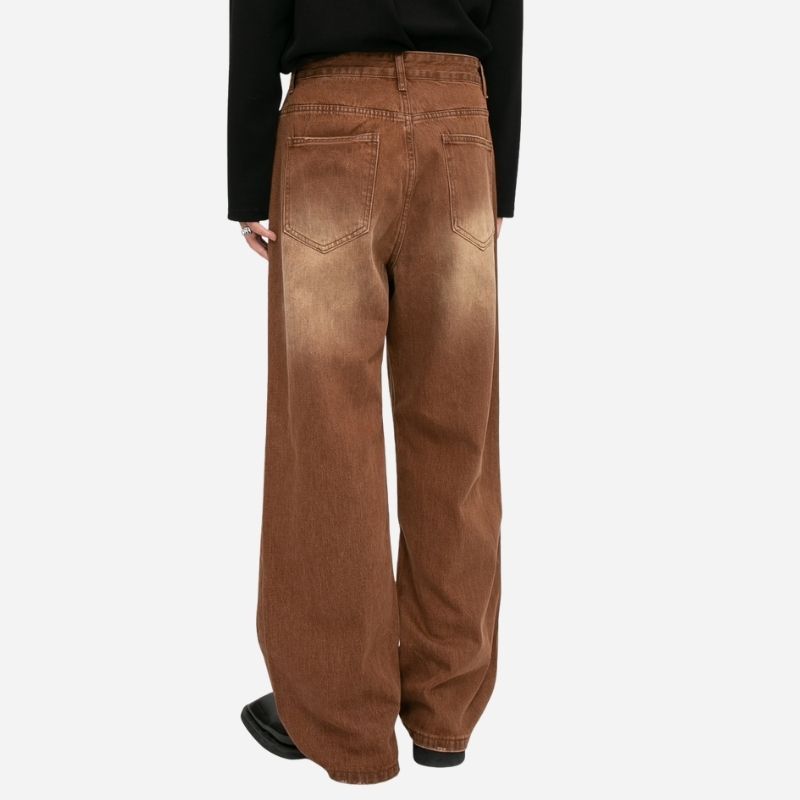 Men’s wide leg straight baggy jeans y2k streetwear hip hop loose fit denim pants in brown, back view