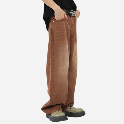 Men’s wide leg straight baggy jeans y2k streetwear hip hop loose fit denim pants in brown color, side view
