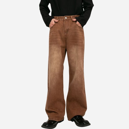 Men’s wide leg straight baggy jeans y2k streetwear hip hop loose fit denim pants in brown, front view
