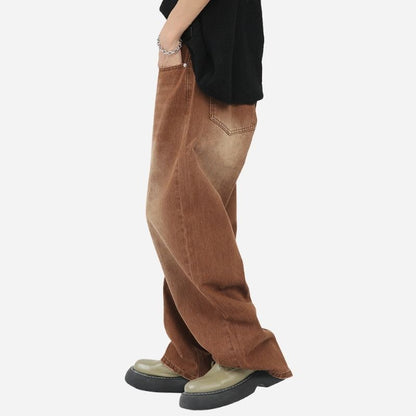 Men’s wide leg straight baggy jeans y2k streetwear hip hop loose fit denim pants in brown, side view