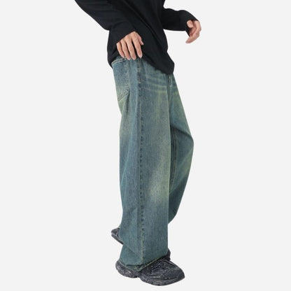 Men’s wide leg straight baggy jeans y2k streetwear hip hop loose fit denim pants in navy, side view