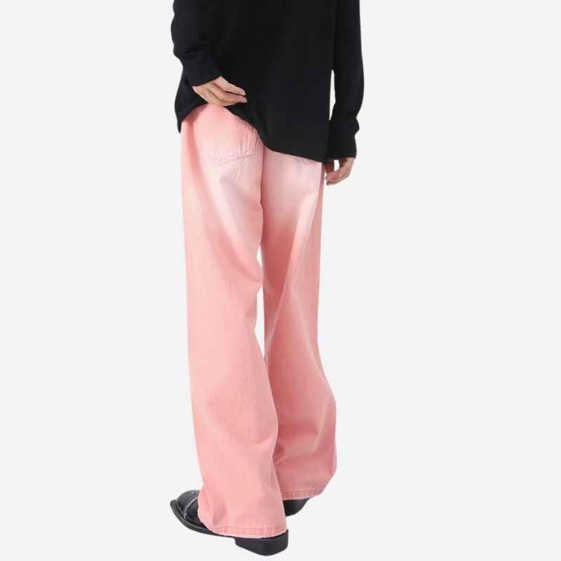 Men’s wide leg straight baggy jeans y2k streetwear hip hop loose fit denim pants in pink, back view