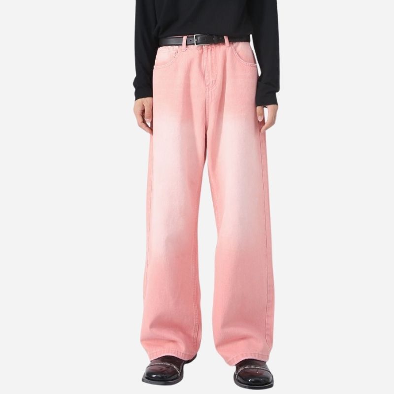 Men’s wide leg straight baggy jeans y2k streetwear hip hop loose fit denim pants in pink, front view