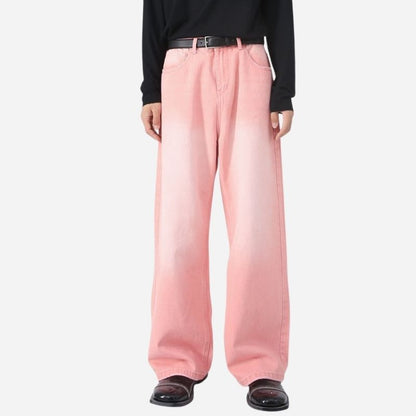 Men’s wide leg straight baggy jeans y2k streetwear hip hop loose fit denim pants in pink, front view