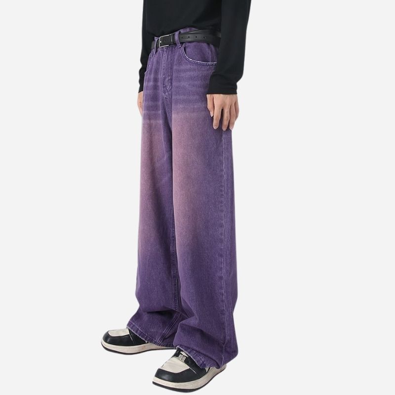 Men’s wide leg straight baggy jeans y2k streetwear hip hop loose fit denim pants in purple color, front view