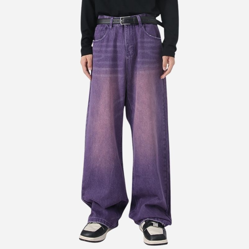 Men’s wide leg straight baggy jeans y2k streetwear hip hop loose fit denim pants in purple, front view