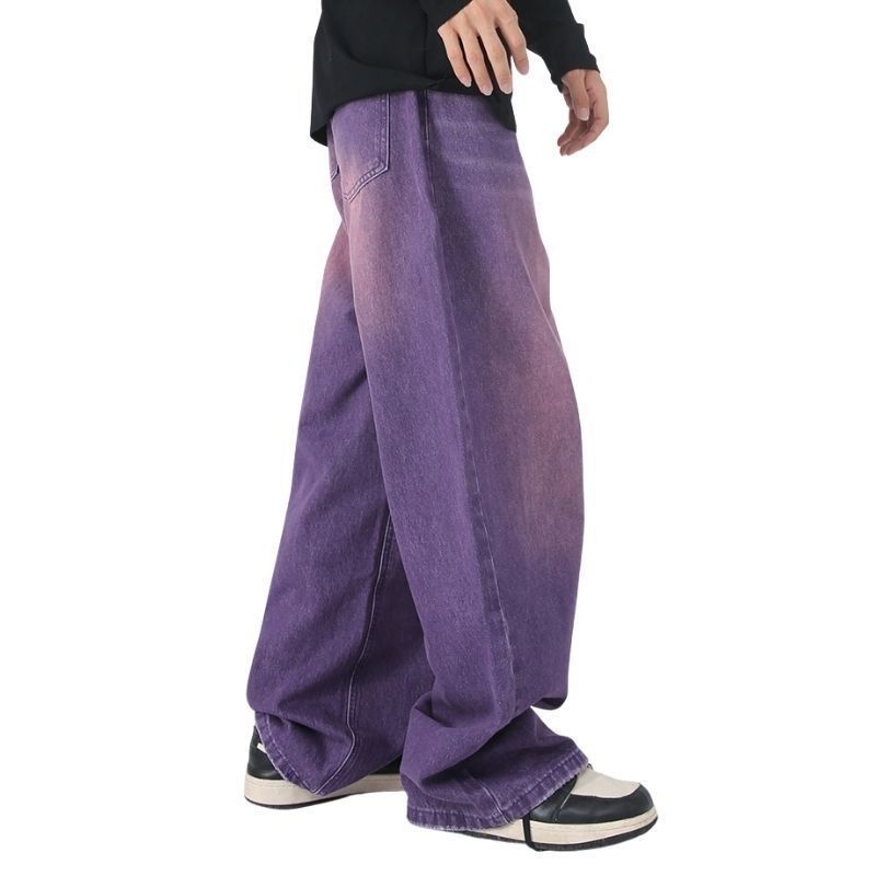 Men’s wide leg straight baggy jeans y2k streetwear hip hop loose fit denim pants in purple, side view