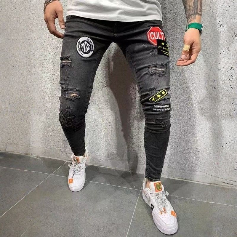 Men's ripped patch embroidered slim stretch skinny jeans in black