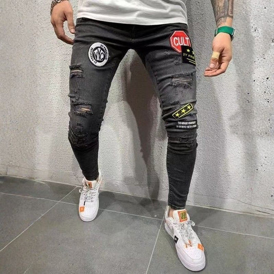 Men's ripped patch embroidered slim stretch skinny jeans in black