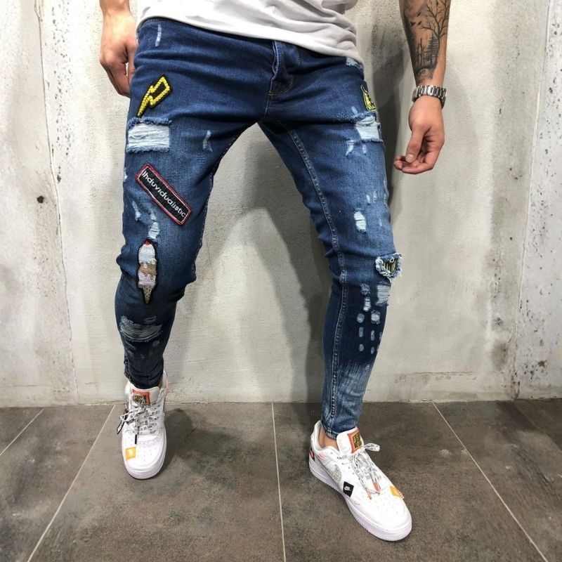Men's ripped patch embroidered slim stretch skinny jeans in navy