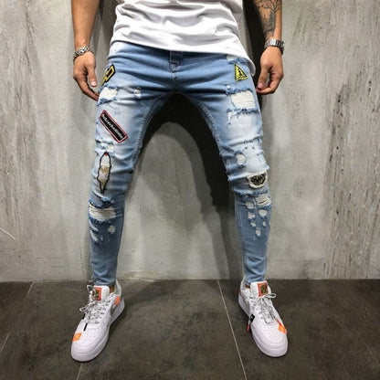 Men's ripped patch embroidered slim stretch skinny jeans in blue