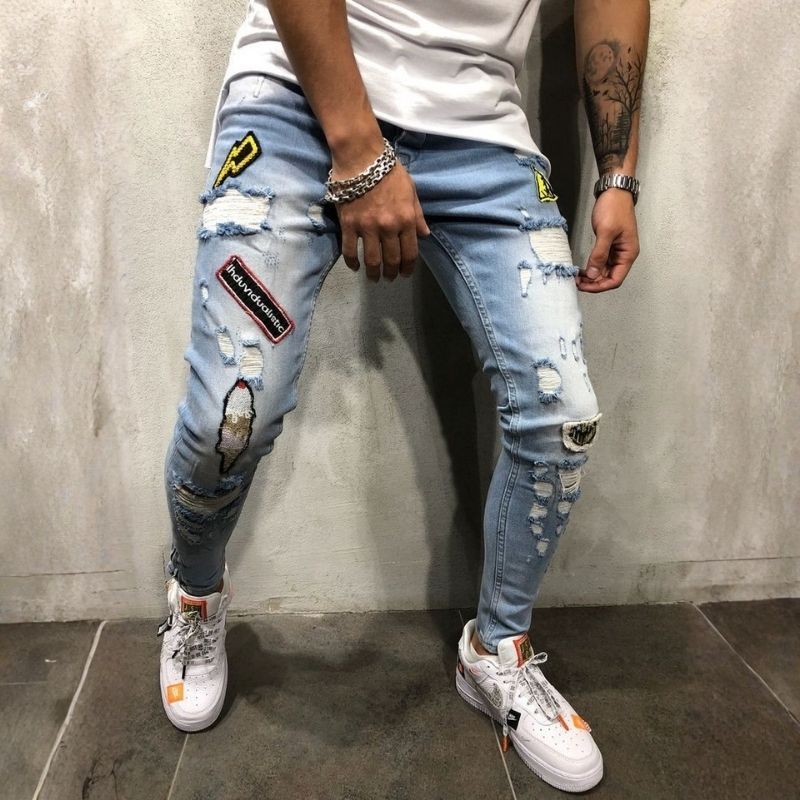 Men's ripped patch embroidered slim stretch skinny jeans