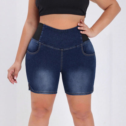 Plus Size High Waist Denim Shorts for Women - Navy Jeans