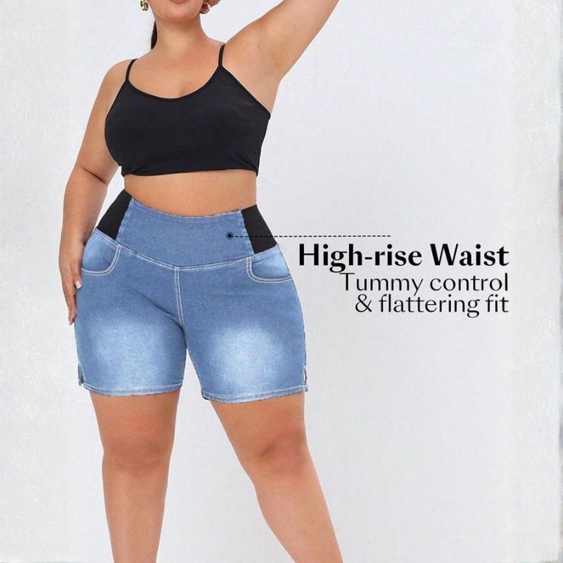 Plus size high waist stretch denim shorts for women, tummy control