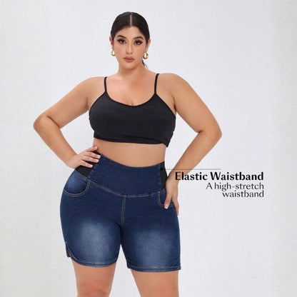 Plus size elastic high waist denim shorts for women