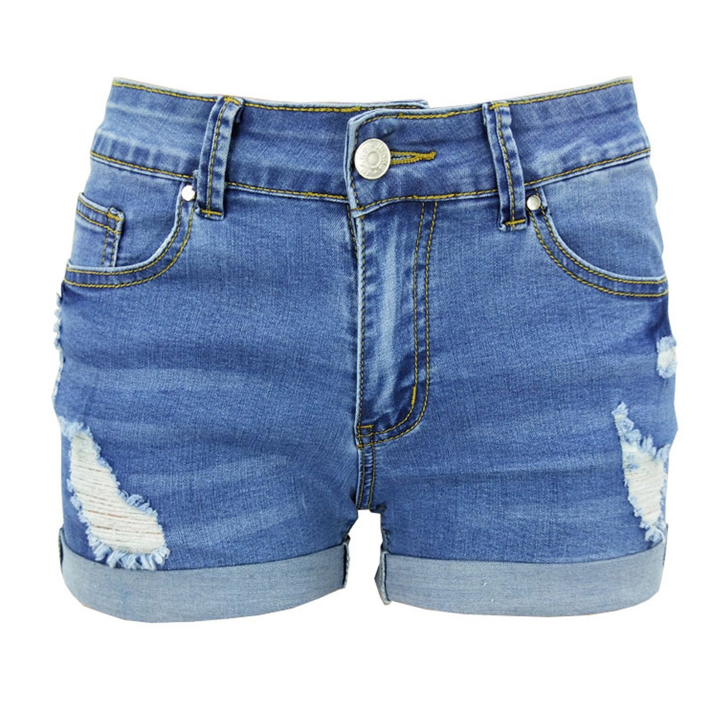 Women's ripped denim shorts, flat lay front