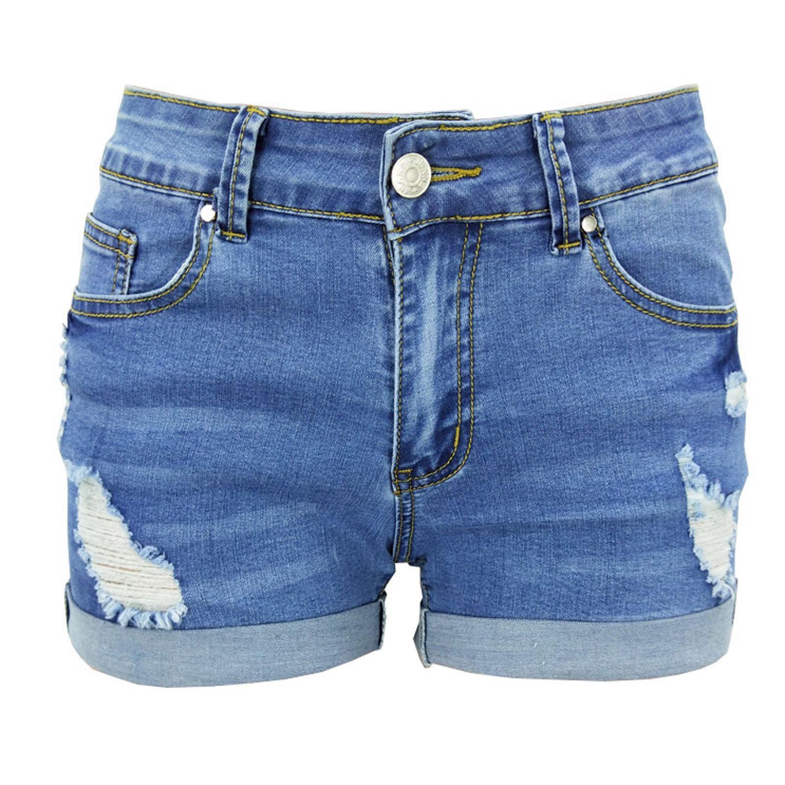 Women's ripped denim shorts, flat lay front