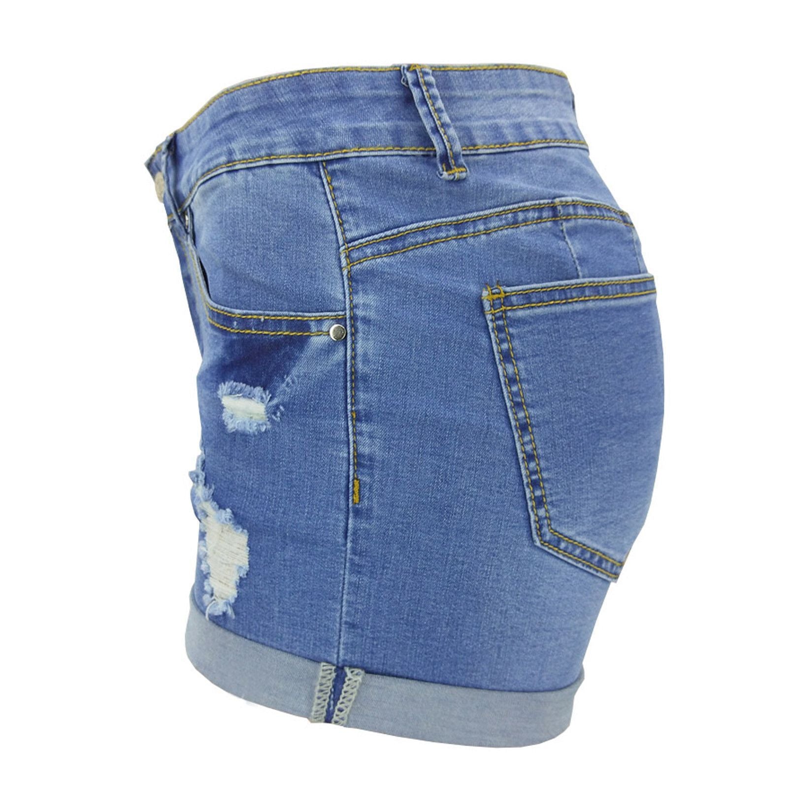 Women's ripped denim shorts, flat lay side