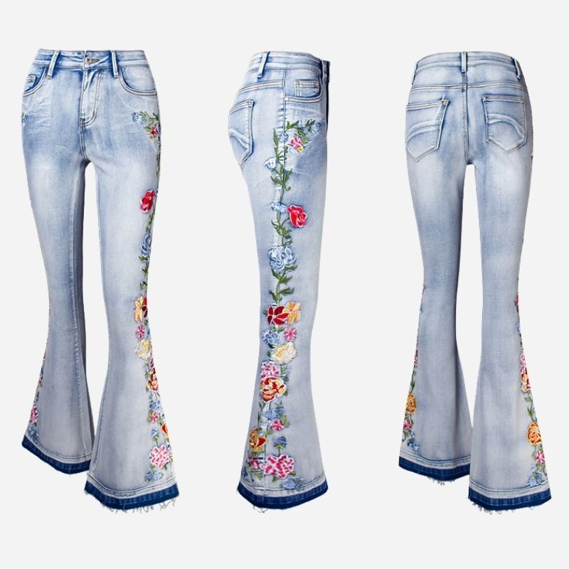 Women's floral embroidered flare jeans, front and back views