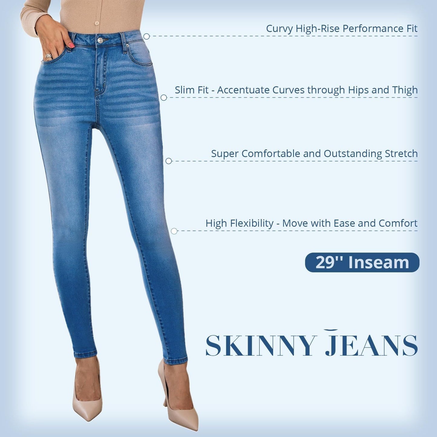 Skinny Jeans for Women High Waist Stretchy Classic High Rise Slimming Jeggings Denim Trousers Pants blue color details