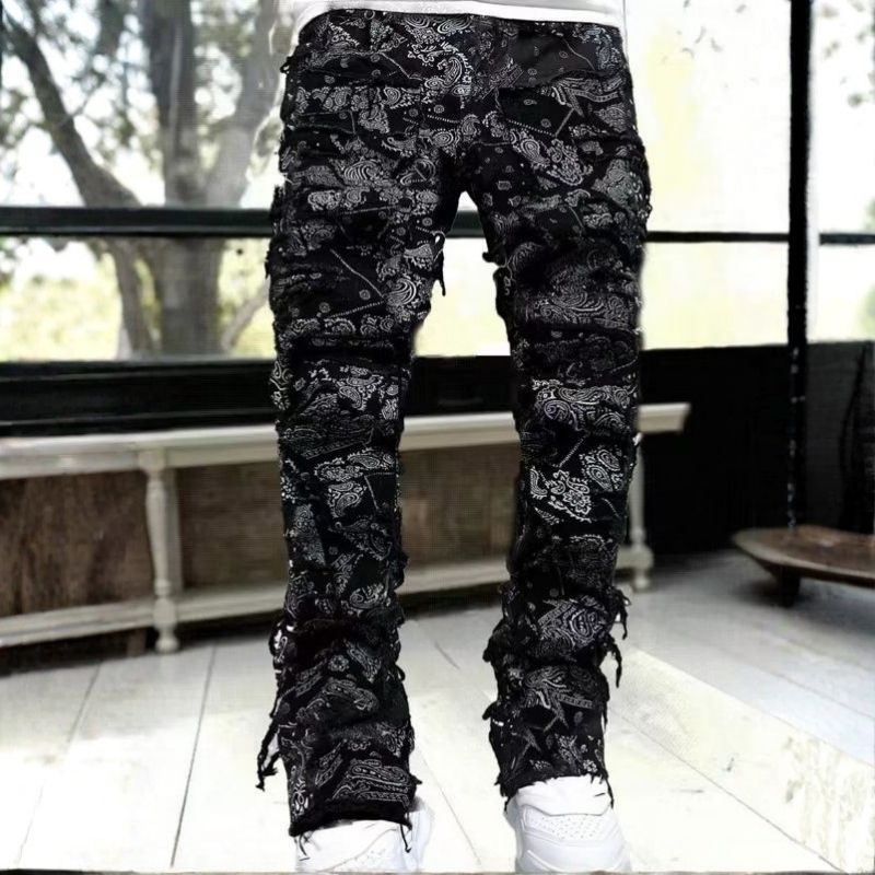 Stacked jeans men‘s skinny denim pants in black printed, front view