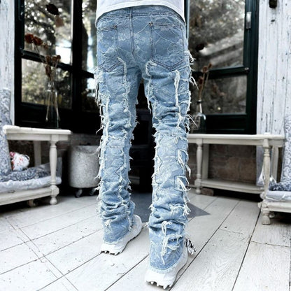 Stacked jeans men‘s skinny denim pants in blue printed, back view