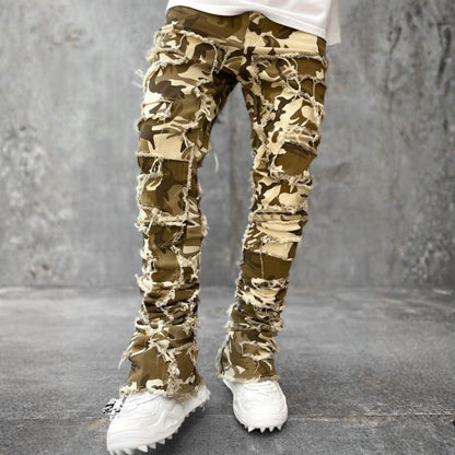 Stacked jeans men‘s skinny denim pants in camouflage, front view